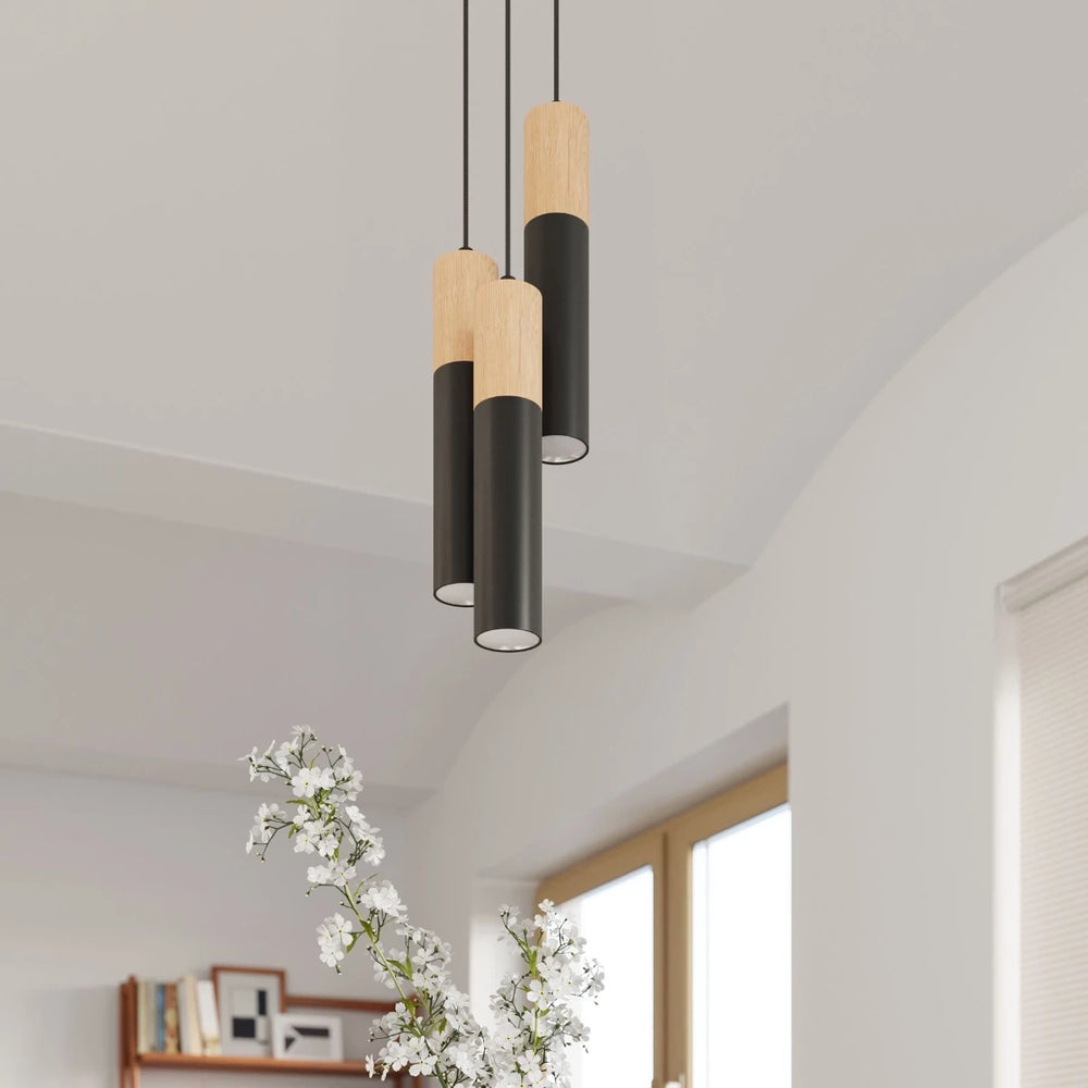 Sollux Lighting Pablo 3 Lámpara Colgante, 3xGU10, 230V, IP20, Negro y Madera Natural
