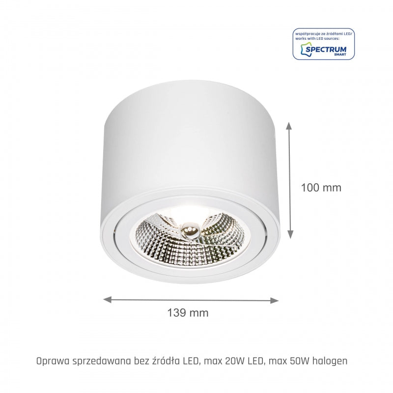 Spectrum CHLOE AR111 GU10 Lámpara de Techo LED, Redonda Ajustable Blanca, Montaje en Superficie, IP20 20W Máx