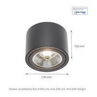Lámpara de techo LED Spectrum CHLOE AR111 GU10, IP20, redonda ajustable, carcasa de aluminio negro, 20W máx 250V