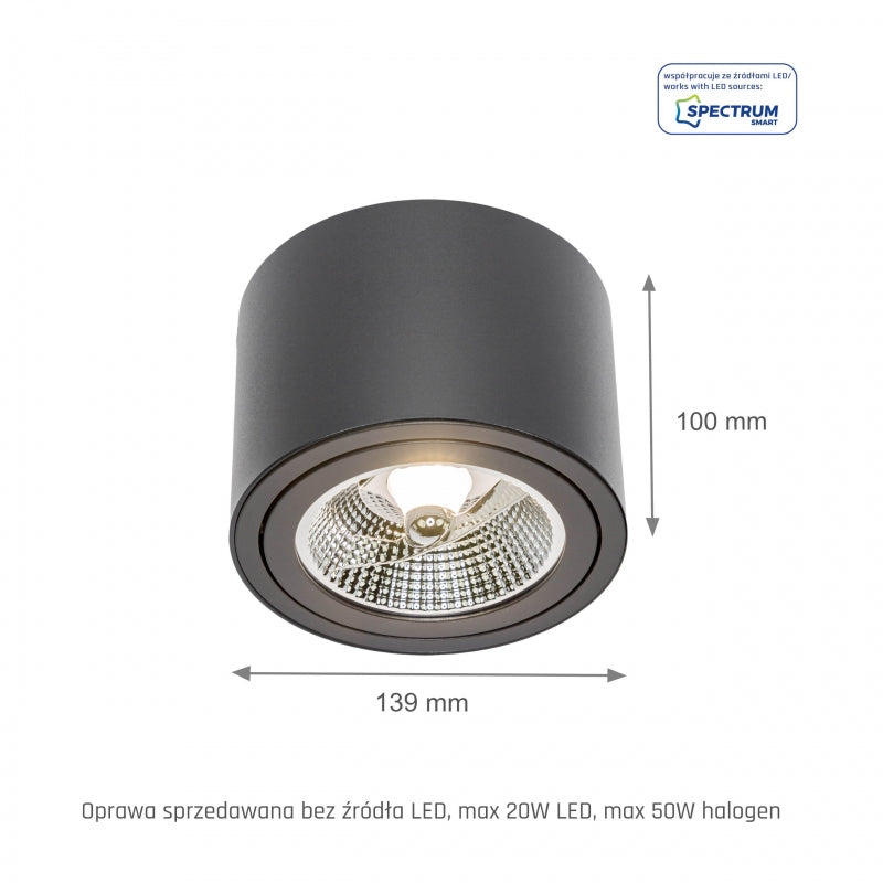 Lámpara de techo LED Spectrum CHLOE AR111 GU10, IP20, redonda ajustable, carcasa de aluminio negro, 20W máx 250V