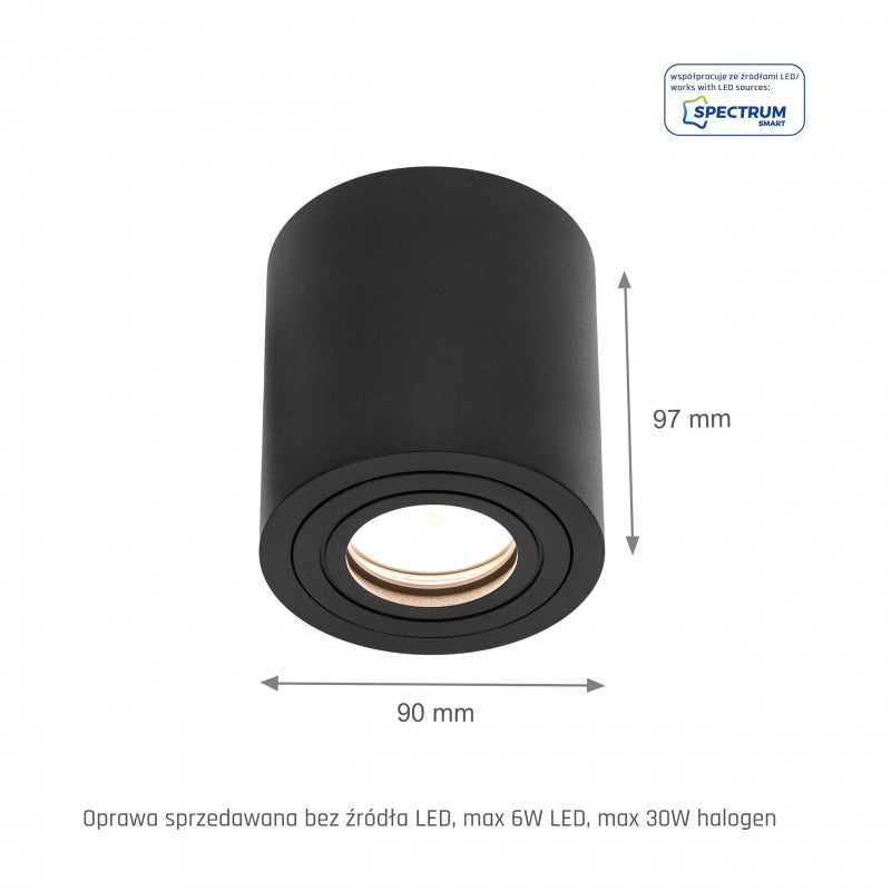 Lámpara de techo empotrada en superficie Spectrum CHLOE GU10, IP65 Carcasa redonda de aluminio negro, 250V, 6W Máx