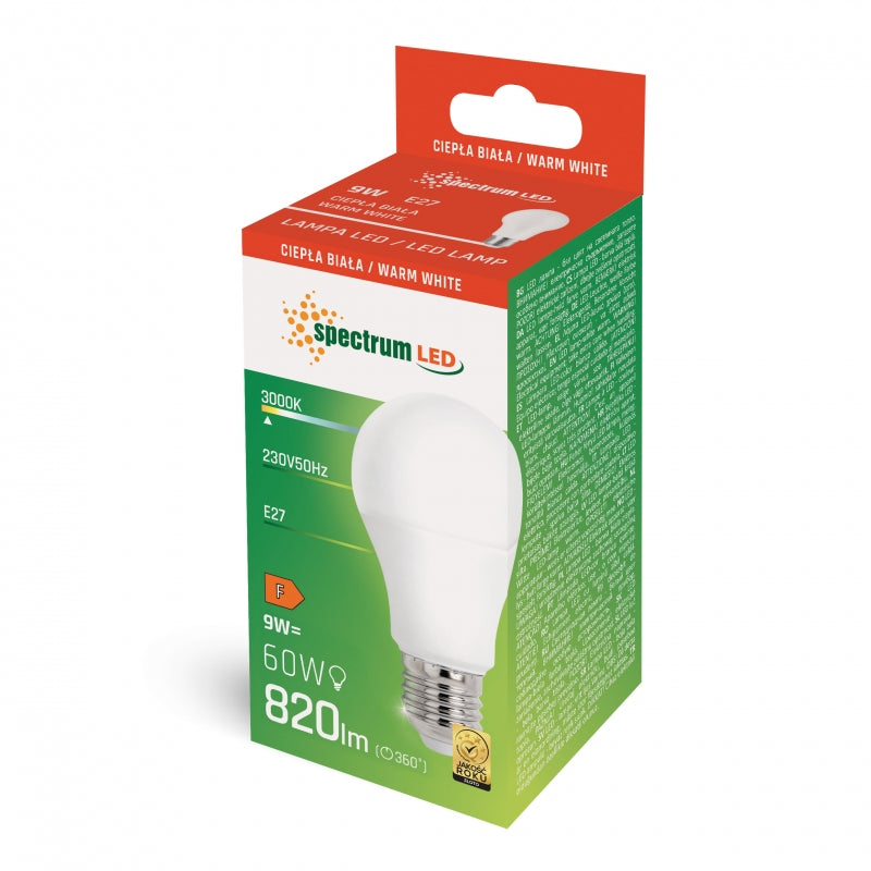 Bombilla Spectrum LED A60 E27 9W 230V 3000K Blanco Cálido 820 lúmenes Ángulo de haz 270° No regulable