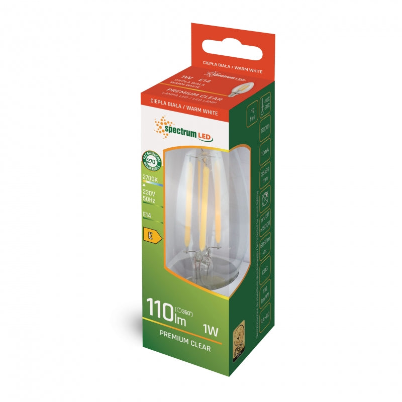 Vela LED Spectrum C35 E14 230V 1W COG 2700K Blanco Cálido Vidrio Transparente 110 lúmenes No Regulable Interior