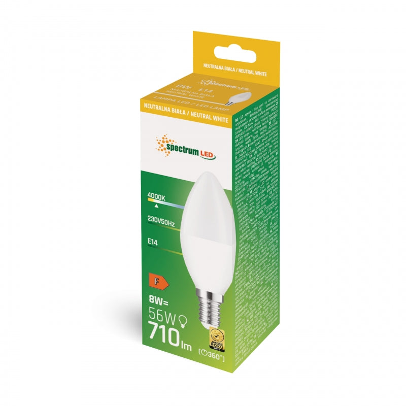 Vela LED Spectrum C37 E14 230V 8W 4000K Blanco Neutro 710 lúmenes Haz 160° No Regulable Bombilla Interior