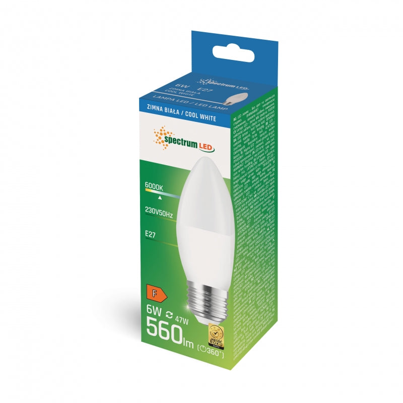 Vela LED Spectrum C37 E27 230V 6W 6000K blanco frío no regulable 560 lúmenes haz de 160°