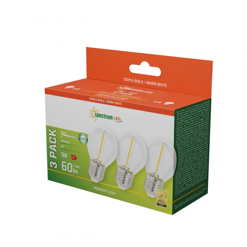 Bombilla LED Spectrum E27 1W 230V 2700K Blanco Cálido Vidrio Transparente 60 lúmenes Haz 300° Paquete de 3
