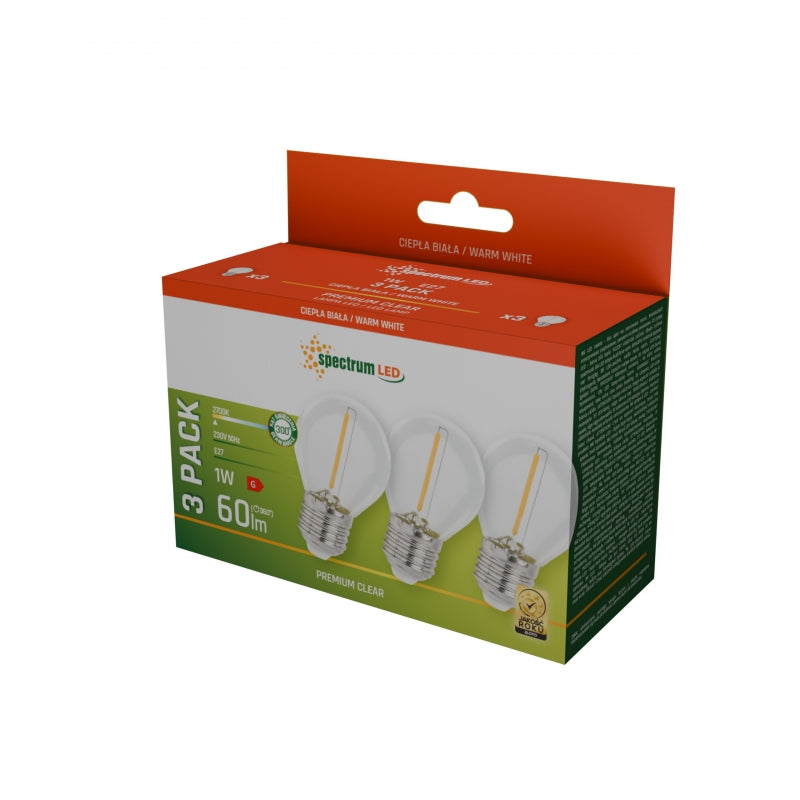 Bombilla LED Spectrum E27 1W 230V 2700K Blanco Cálido Vidrio Transparente 60 lúmenes Haz 300° Paquete de 3