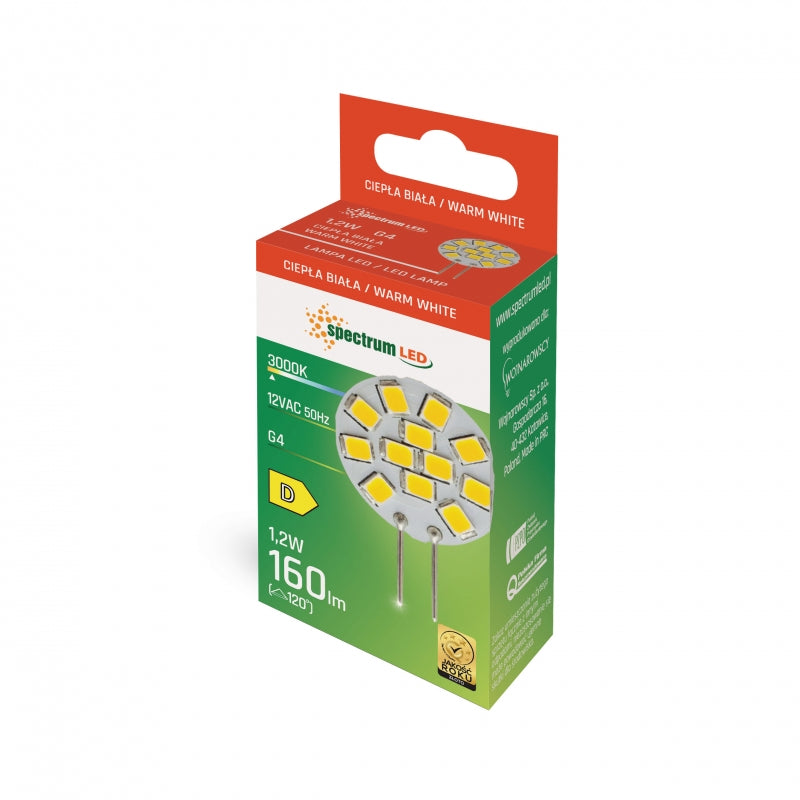 Bombilla Spectrum LED G4 12V 1.2W 160 lúmenes 3000K Blanco Cálido no regulable para iluminación interior