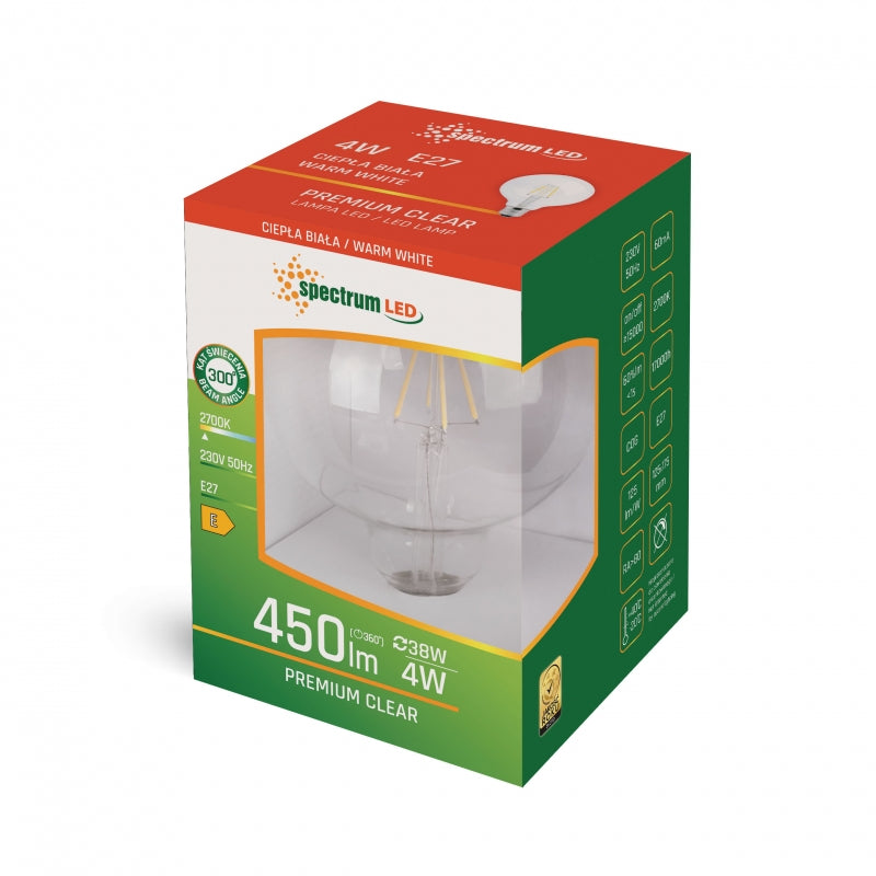 Spectrum LED Globe G95 COG Filament Bulb E27 230V 4W 2700K Warm White 450 lumens Clear Glass