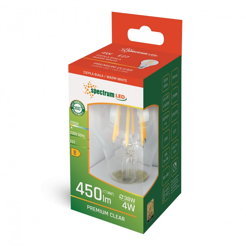 Spectrum LED GLS A60 bulb E27 4W 2700K warm white clear glass 450 lumens 230V non dimmable
