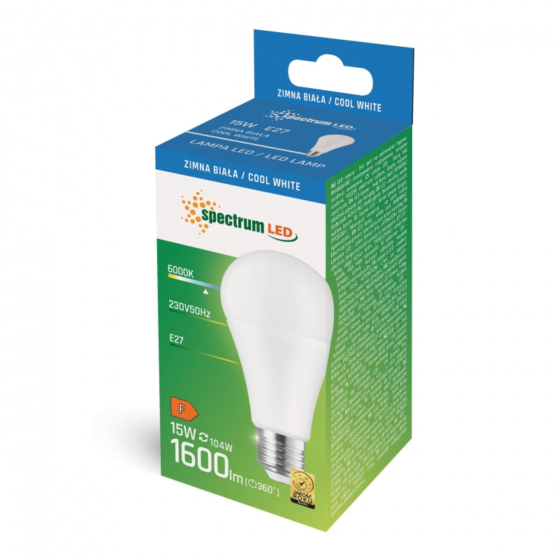 Spectrum LED GLS A65 bulb E27 15W 230V 6000K cool white 1600 lumens 270° non dimmable indoor lighting