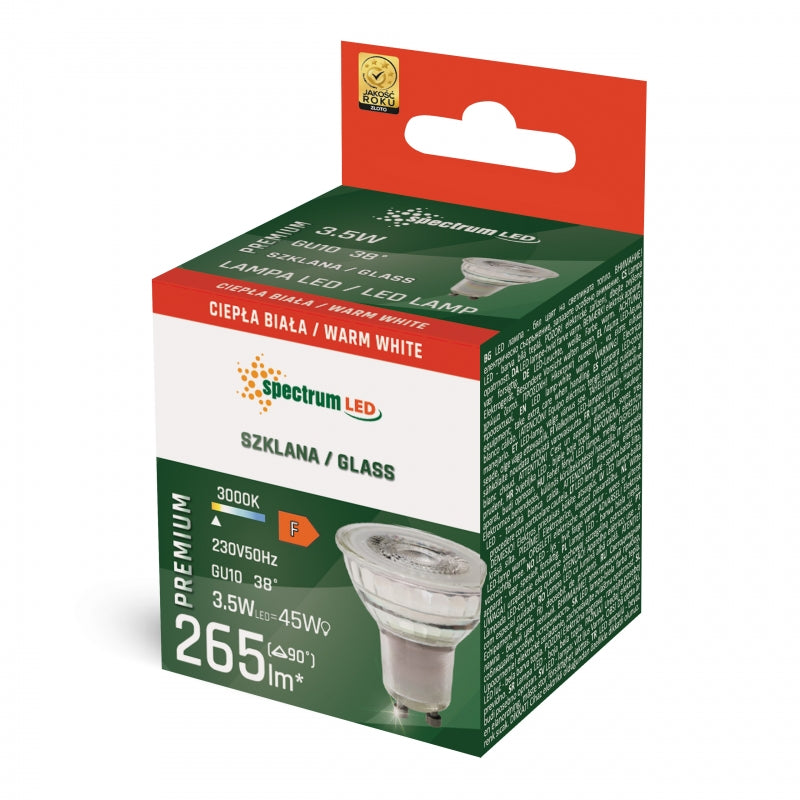 Spectrum LED GU10 230V 4W 3000K Blanco Cálido 315 lúmenes 38° Foco de Vidrio No Regulable