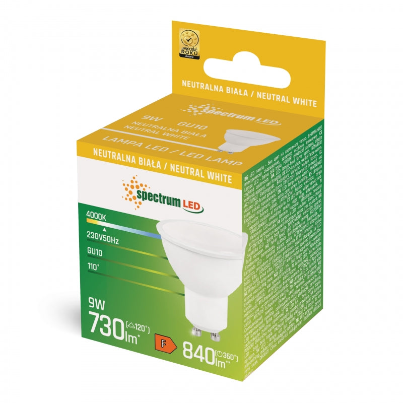 Spectrum LED GU10 230V 9W Neutral White 4000K Bulb with Milky Cover 730 lumens White Housing