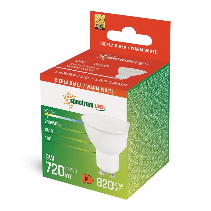 Bombilla Spectrum LED GU10 230V 9W 3000K Blanco Cálido 820 lúmenes no regulable con cubierta opalina Blanca