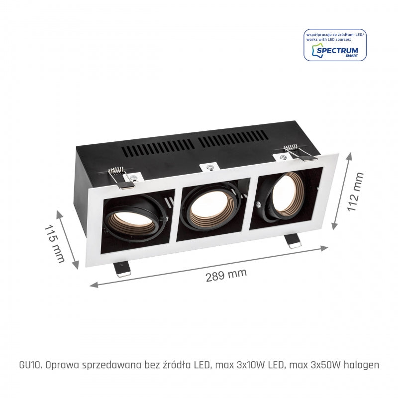 Marco empotrado Spectrum LED para 3x GU10, carcasa de aluminio blanca, 3x10W máx, 250V, iluminación interior IP20