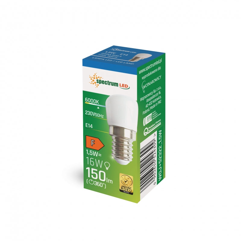 Bombilla Spectrum LED T26 1.5W E14 230V 6000K blanco frío 150 lúmenes, haz de 120°, CRI 80 para iluminación interior