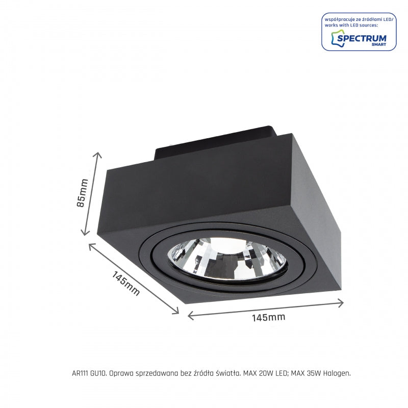 Foco LED de superficie Spectrum MIRORA AR111 GU10 Negro ajustable 20W 250V IP20 145x145x85mm