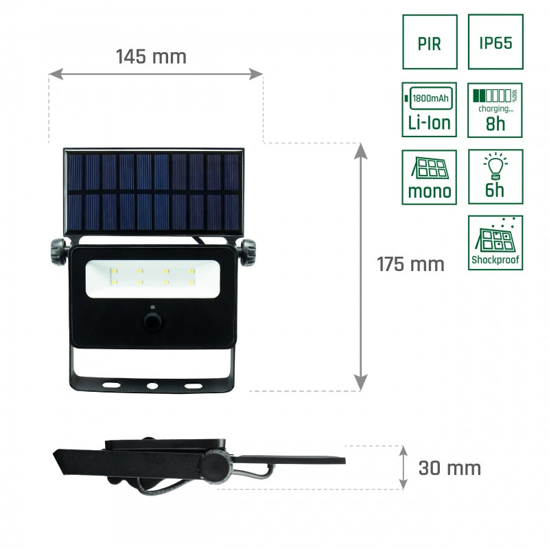 Proyector LED Spectrum NOCTIS SOLARIS MINI 2W 6000K 200 lúmenes IP65 Negro con sensor de movimiento PIR alimentado por energía solar