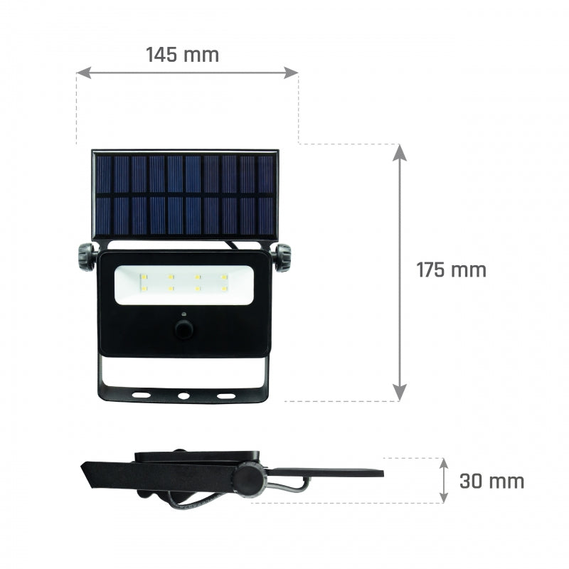 Proyector LED Spectrum NOCTIS SOLARIS MINI 2W 6000K 200 lúmenes IP65 Negro con sensor de movimiento PIR alimentado por energía solar