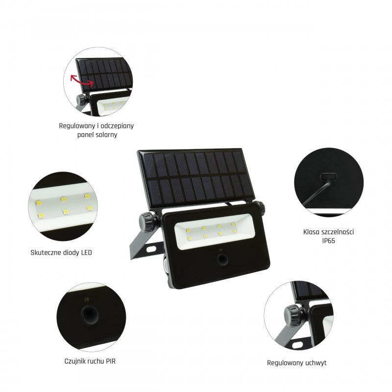 Proyector LED Spectrum NOCTIS SOLARIS MINI 2W 6000K 200 lúmenes IP65 Negro con sensor de movimiento PIR alimentado por energía solar