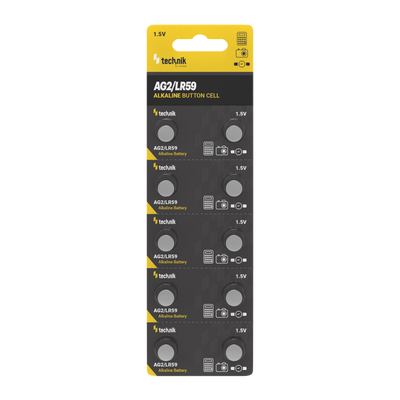 Technik Pila de Botón Alcalina AG2 LR59 196 396 1.5V, Paquete de 10 pilas tipo moneda confiables para relojes y dispositivos