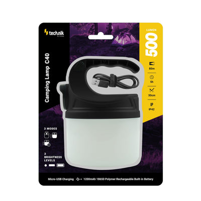 Lámpara de Camping Technik C40 LED recargable 500 lúmenes Blanca IP44 con carga USB y 3 modos de brillo