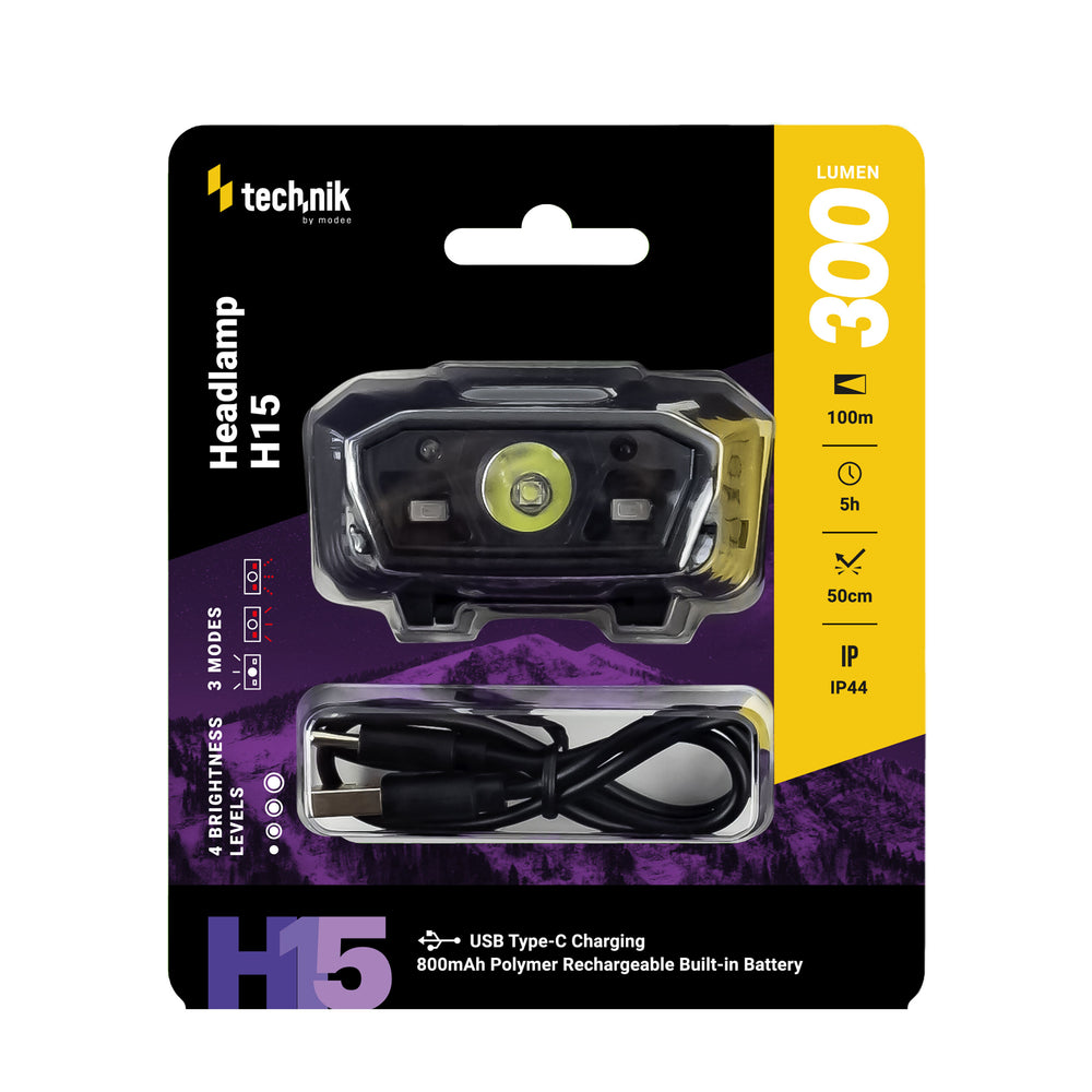 Linterna frontal Technik H15 LED recargable 300 lúmenes IP44 con USB Tipo-C y sensor de movimiento