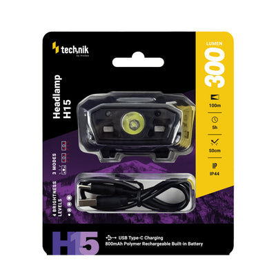 Technik Headlamp H15 rechargeable LED 300 lumens IP44 with USB Type-C and motion sensor