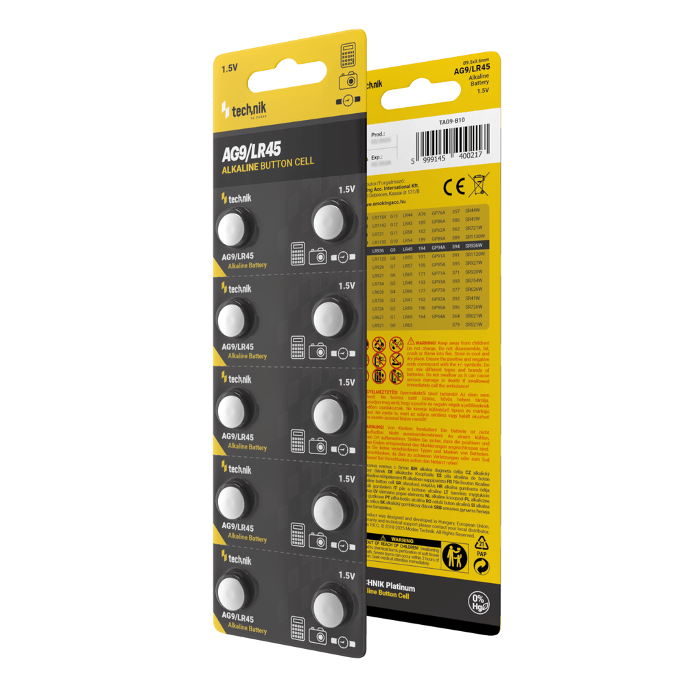 Batería de botón alcalina Technik Platinum AG9 LR45 394 1.5V 40mAh paquete de 10