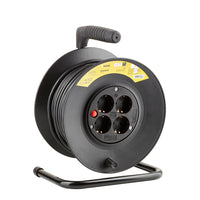 Carrete de Cable Profesional Technik 25m 1.5mm² 16A con 4 Tomas EU y Interruptor Negro