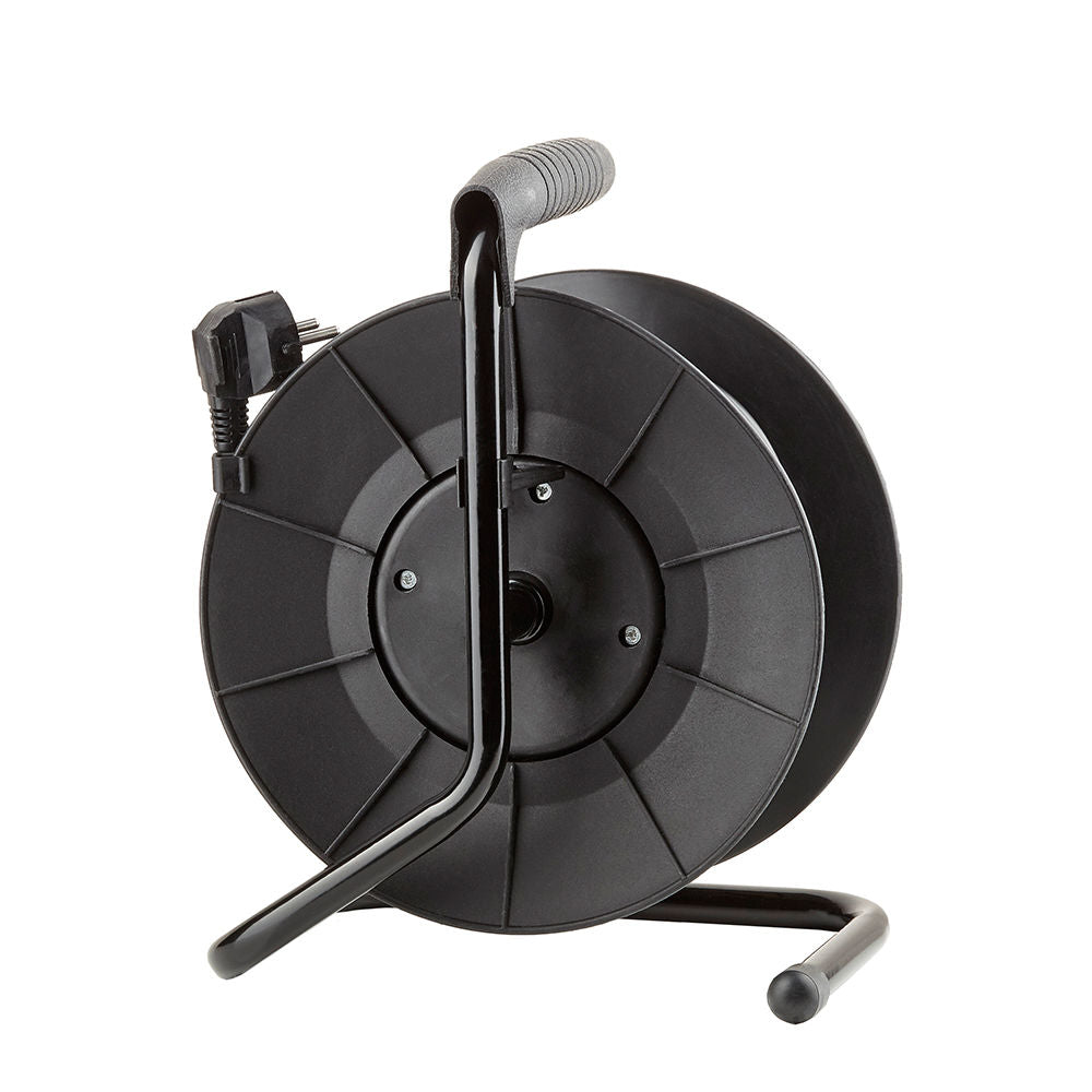 Carrete de Cable Profesional Technik 25m 1.5mm² 16A con 4 Tomas EU y Interruptor Negro