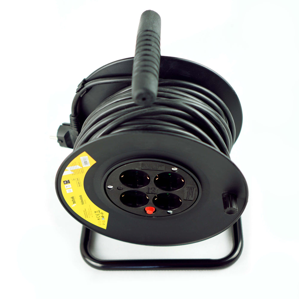 Carrete de Cable Profesional Technik 25m 1.5mm² 16A con 4 Tomas EU y Interruptor Negro