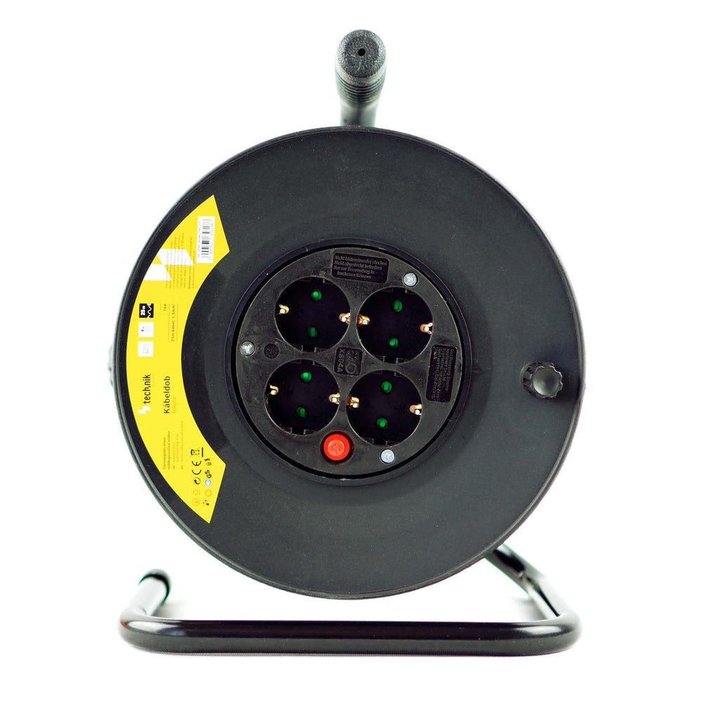 Carrete de Cable Profesional Technik 25m 1.5mm² 16A con 4 Tomas EU y Interruptor Negro