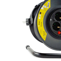 Carrete de Cable Profesional Technik 25m 1.5mm² 16A con 4 Tomas EU y Interruptor Negro
