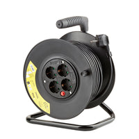 Carrete de Cable Profesional Technik 25m 1.5mm² 16A con 4 Tomas EU y Interruptor Negro