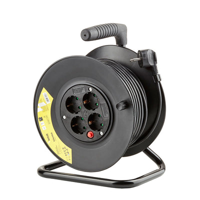 Carrete de Cable Profesional Technik 25m 1.5mm² 16A con 4 Tomas EU y Interruptor Negro