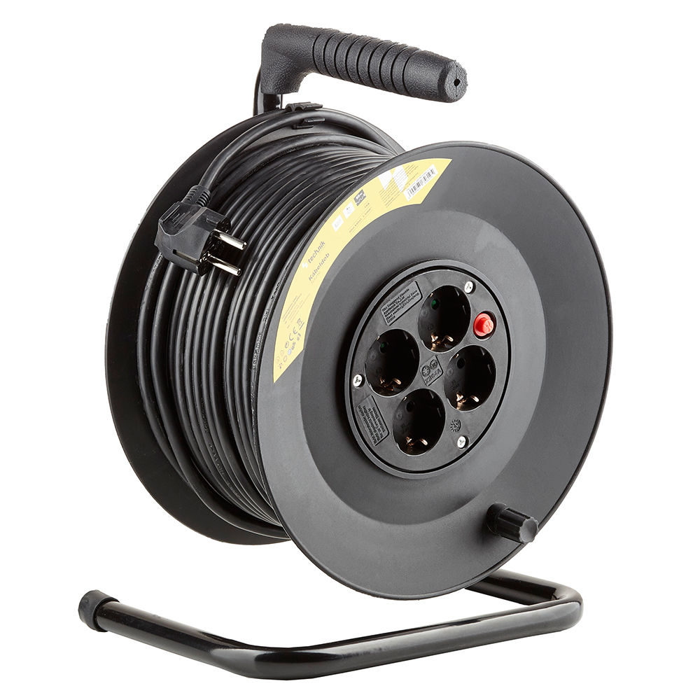 Carrete de cable Technik Professional 50m 1.5mm² Negro 16A 4 tomas con interruptor Interior Exterior