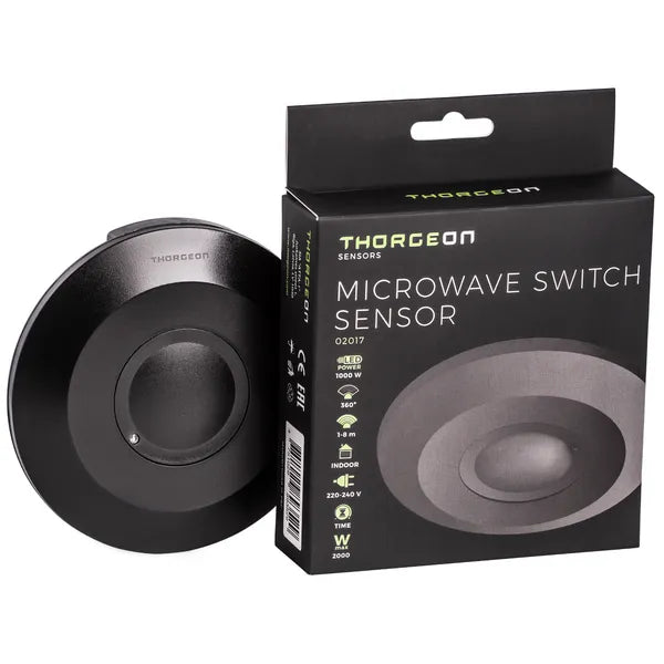 Sensor de movimiento LED Thorgeon montaje superficial Negro 360° microondas IP20 220-240V máx 1000W CE RoHS