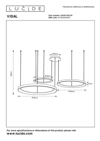 Lámpara colgante Lucide VIDAL LED 78 cm negra 120W 2700K regulable