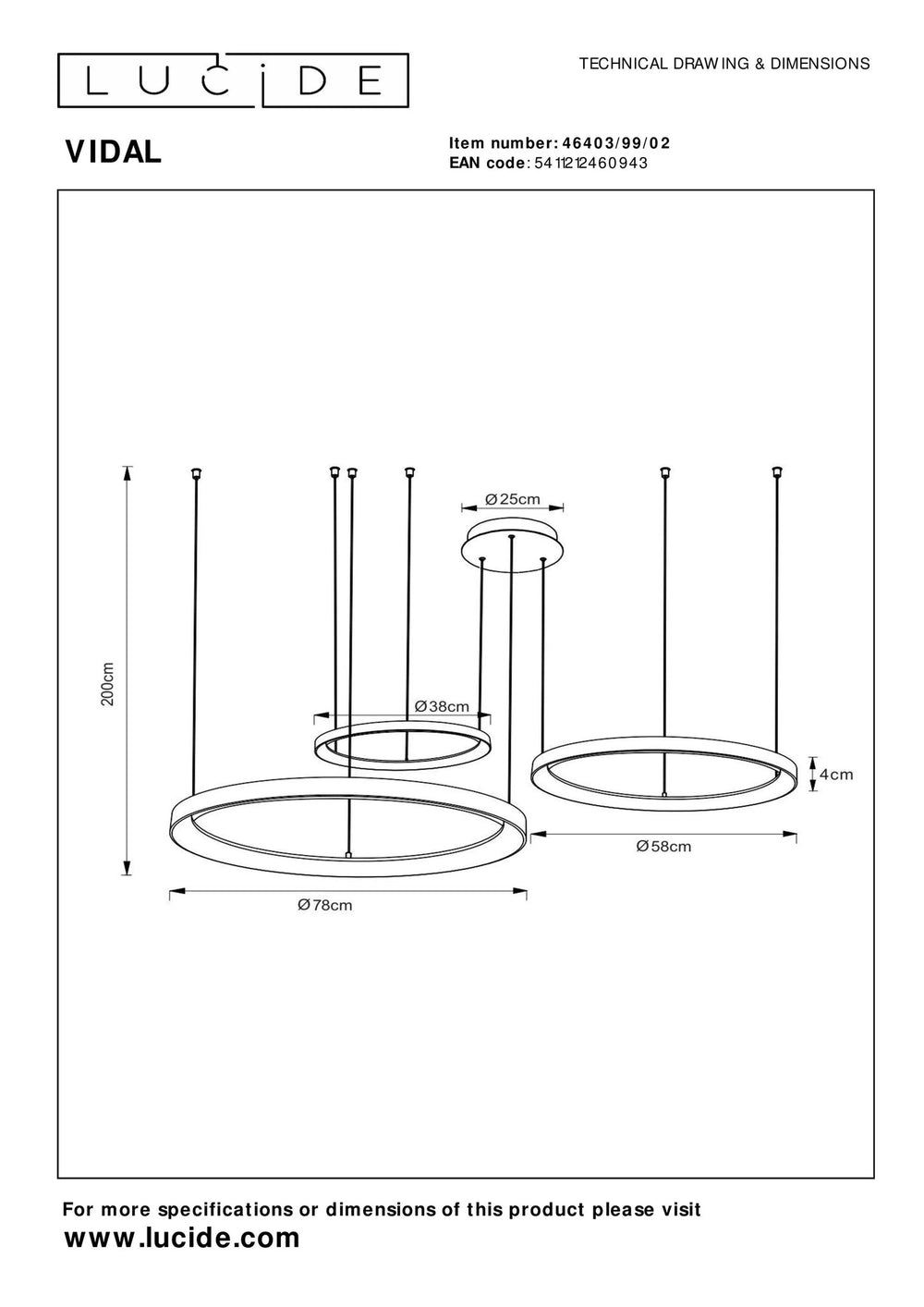 Lucide Vidal LED pendant light Ø78 cm 2700K matt gold