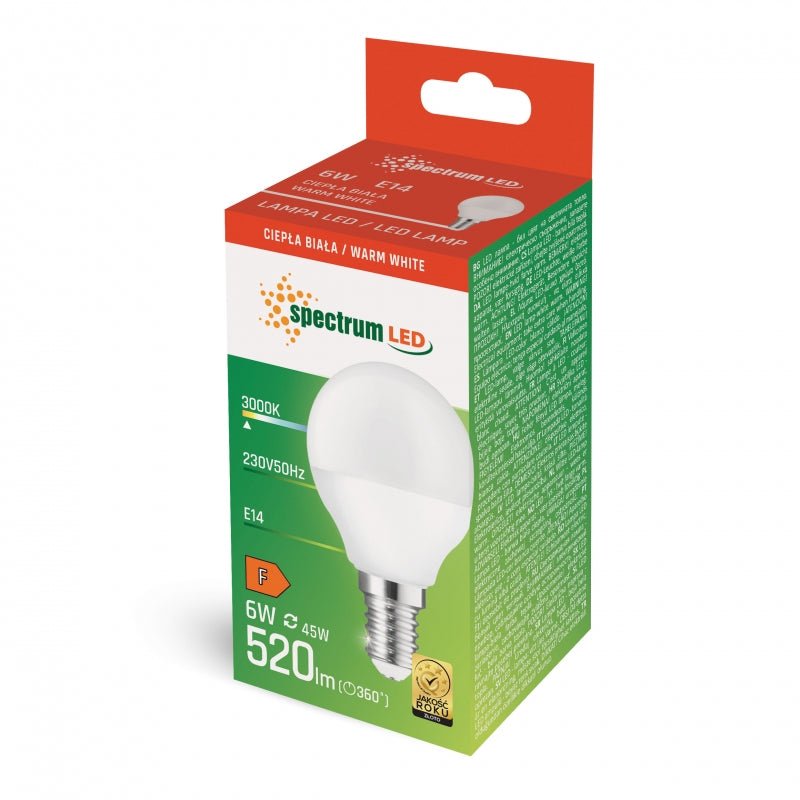 Spectrum LED g45 e14 230v 6w blanco cálido, 520 lúmenes útiles, 3000k, 160° haz de luz, IP20, iluminación duradera
