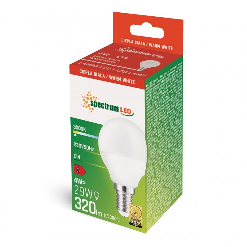 Bombilla LED Spectrum G45 E14 230V 4W 3000K blanco cálido, 320 lúmenes útiles, IP20, ángulo de radiación de 160°, CRI 80, no regulable