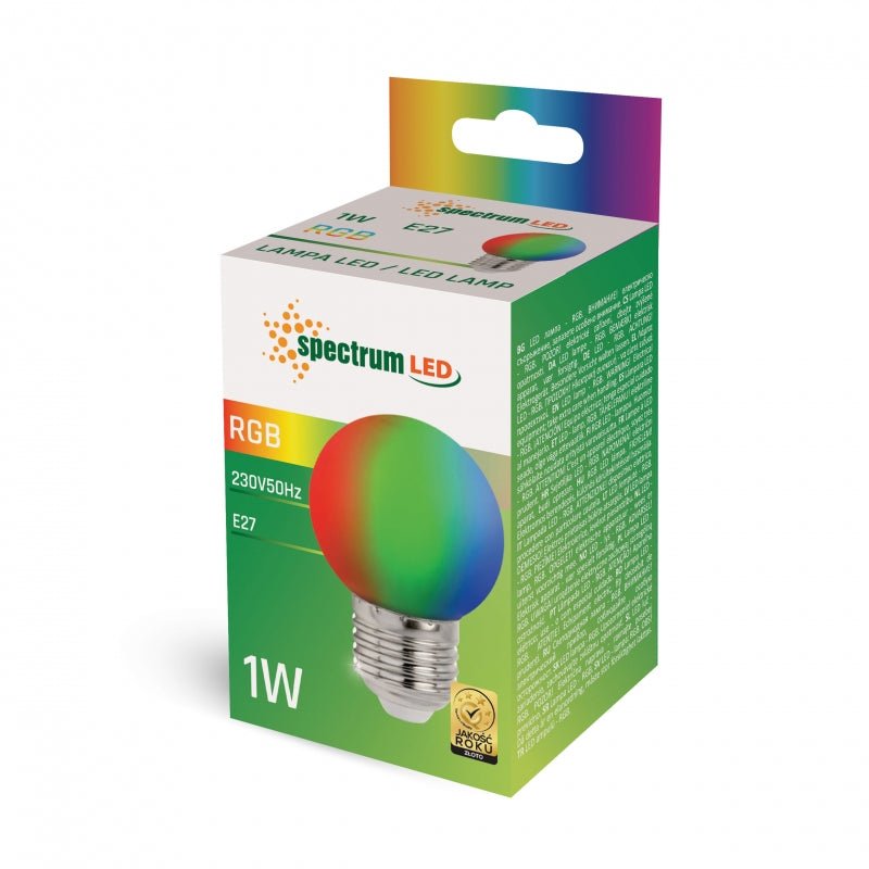 Spectrum LED bola G45 lámpara E27 RGB, 230V, 1W, 260° ángulo, larga duración, 400 lúmenes, no regulable, uso interior