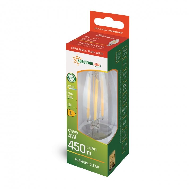 Lámpara de vela LED Spectrum E14 4W 2700K blanco cálido 450 lúmenes 300° ángulo de haz IP20 230V no regulable