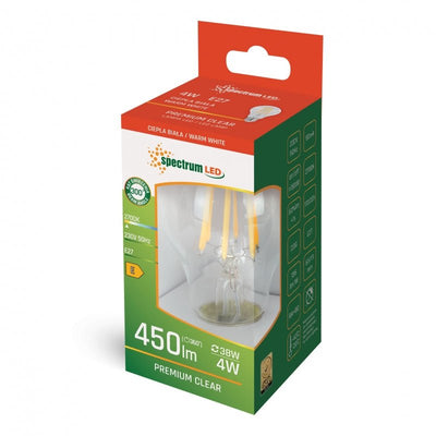 espectro LED gls A60 E27 230V 4W blanco cálido 2700K aspecto de filamento, 450 lúmenes, IP20, ángulo de irradiación de 300 grados