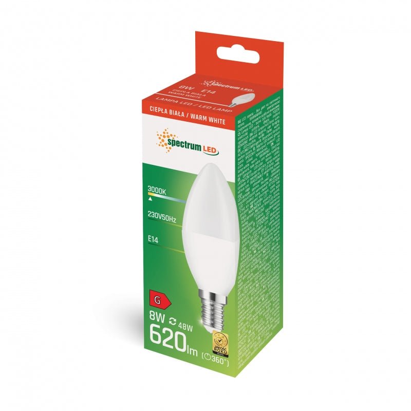 Lámpara de vela LED Spectrum C37 E-14 8W 3000K blanco cálido, 710 lúmenes, ángulo de haz de 160°, IP20, iluminación ambiental ideal
