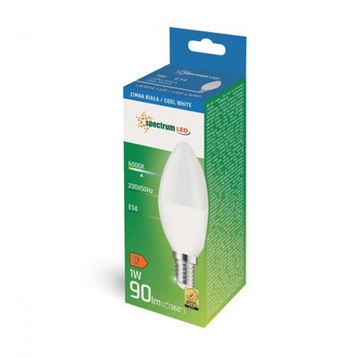 Lámpara de vela LED Spectrum C37 E14 230V 1W blanco frío 6000K con 90 lúmenes, haz de luz amplio de 270° y vida útil de 17,000 horas