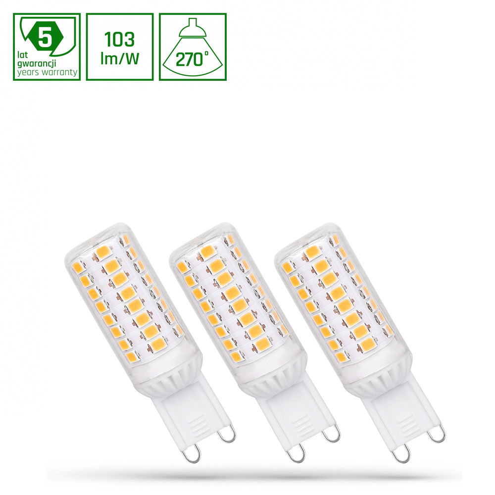 Spectrum LED G9 bulb 230V 4W dimmable warm white 3000K 410 lumens 270° beam 5 year warranty 3-pack