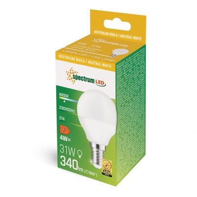 Lámpara de bola LED Spectrum G45 con casquillo E14 230V 4W 4000K, 340 lúmenes, dispersión de 160°, no regulable, IP20