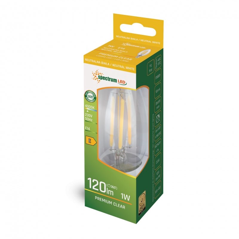 Lámpara de vela LED Spectrum E14 1W 4000K blanco neutro, 120 lúmenes, ángulo de radiación de 300°, CRI 80, 17.000 horas de vida útil